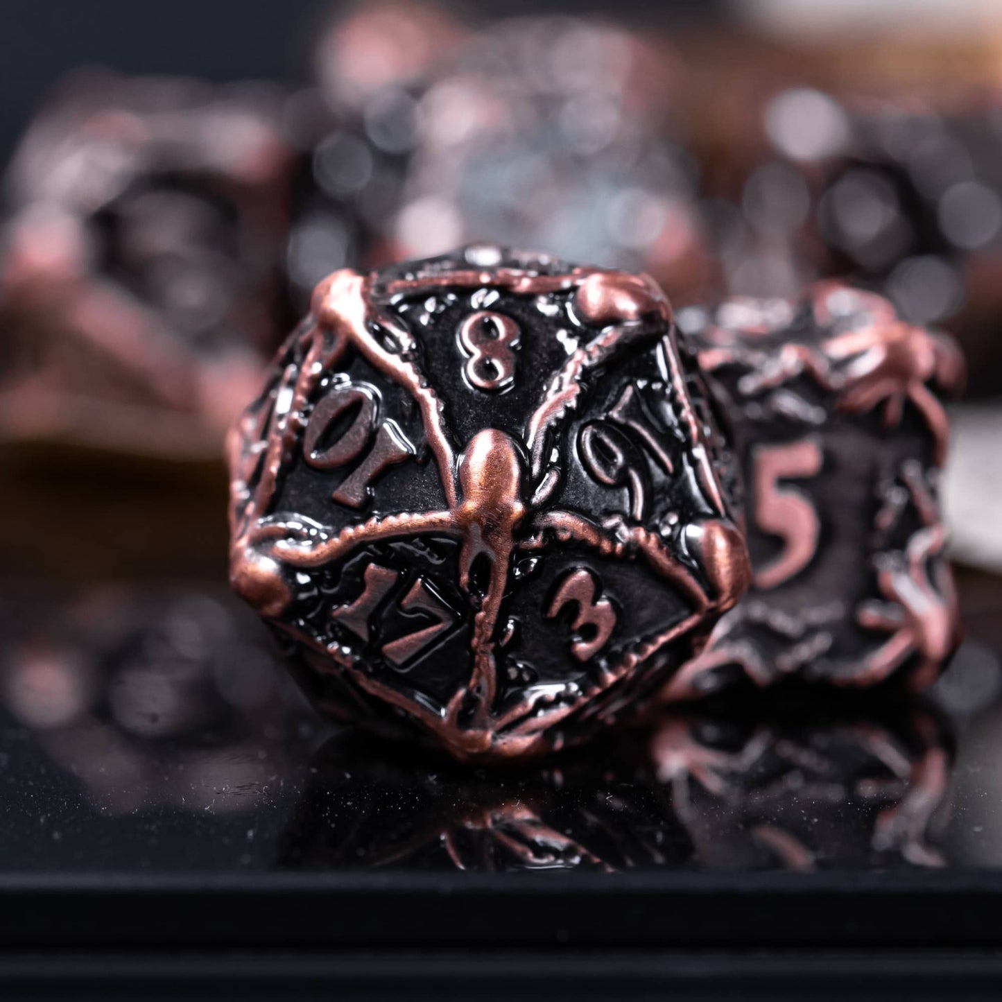 D20 Close-up of Octopus Tangle ancient red copper metal dice for DnD & DnD 5e