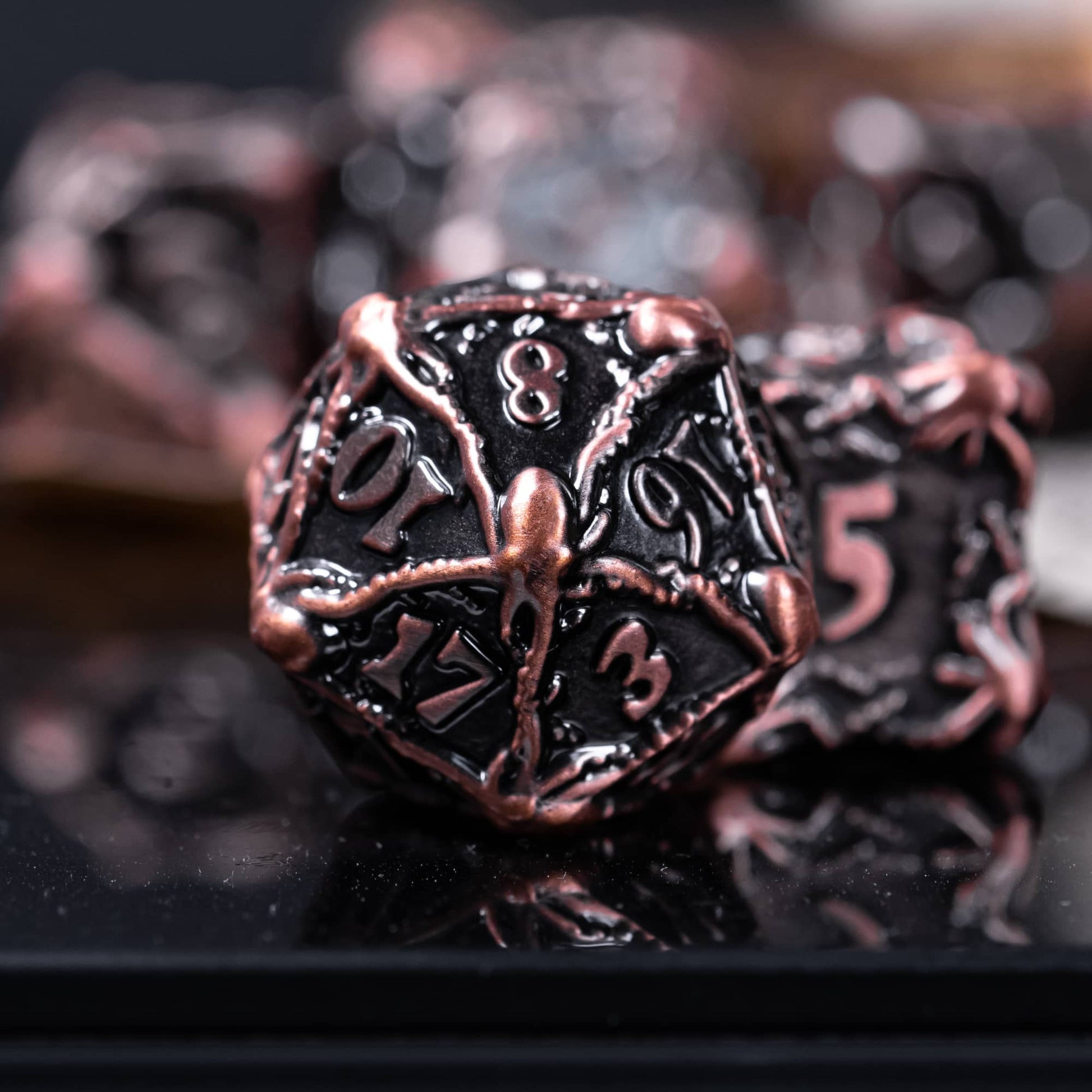 D20 Close-up of Octopus Tangle ancient red copper metal dice for DnD & DnD 5e