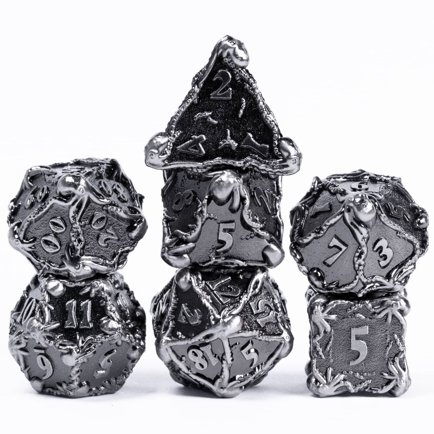 Alternate view of Octopus Tangle ancient silver metal dice set for DnD & DnD 5e