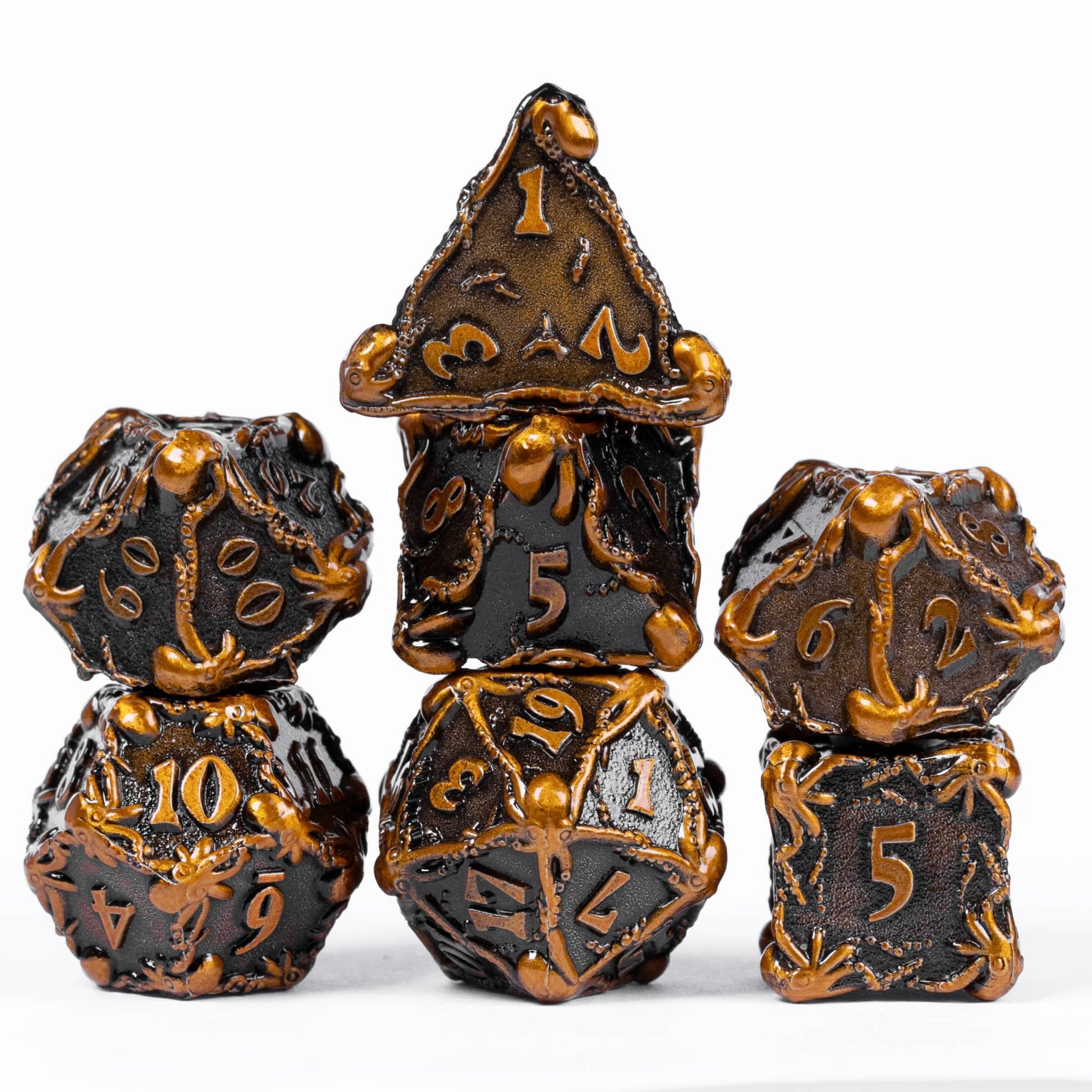 Octopus Tangle ancient gold metal dice set with tentacle design for DnD & DnD 5e