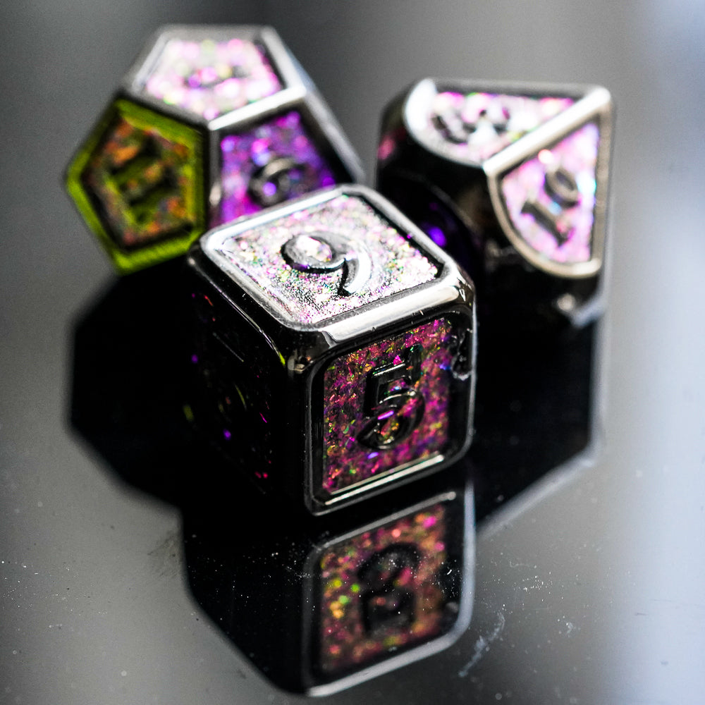 Mauve Shimmer metal dice set featuring D6, D20, and D10 with iridescent purple shimmer
