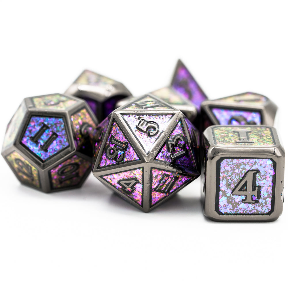 Side view of Mauve Shimmer dice highlighting reflective glitter foil and engraved numbers