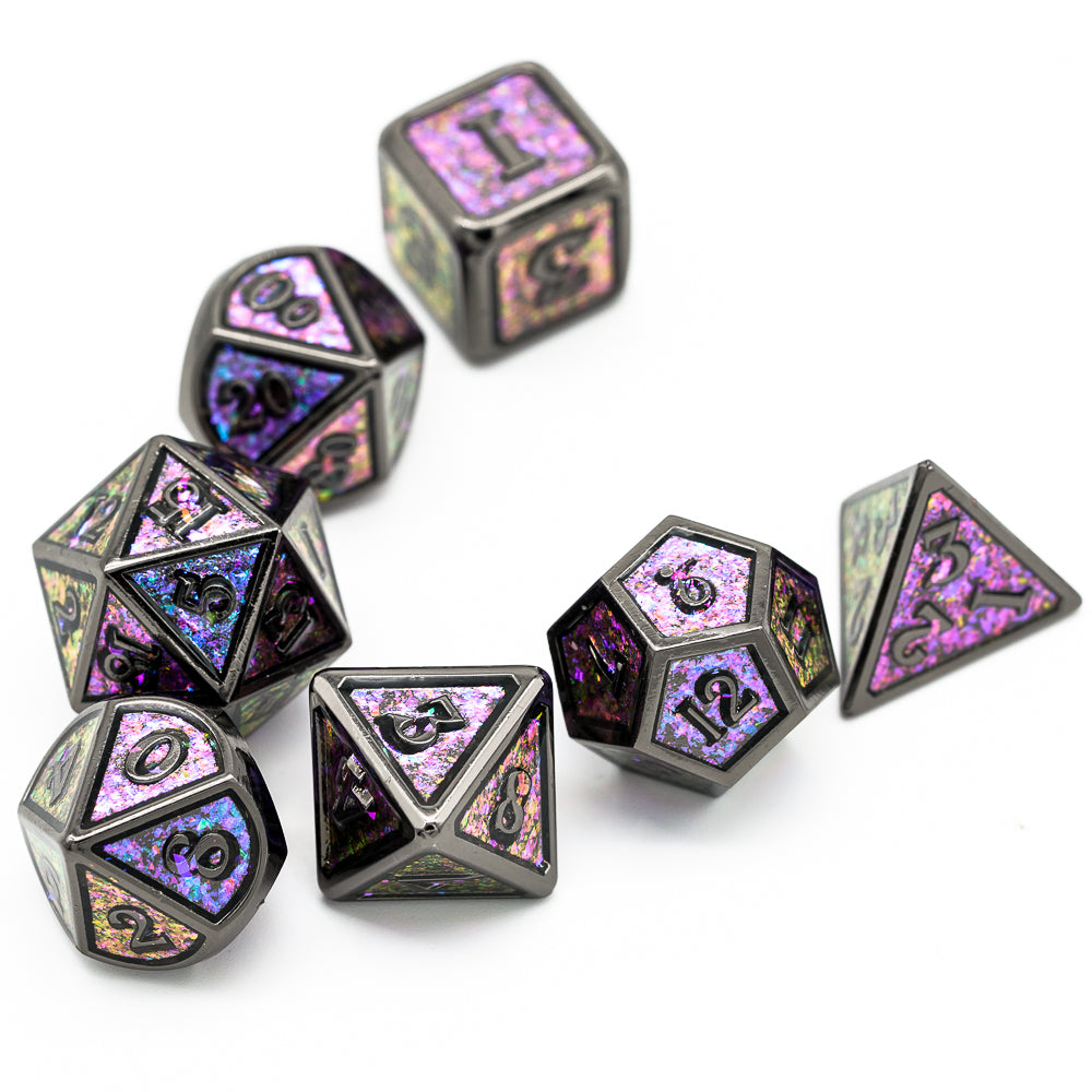 Group of Mauve Shimmer dice on white background, showing shimmering purple foil effect