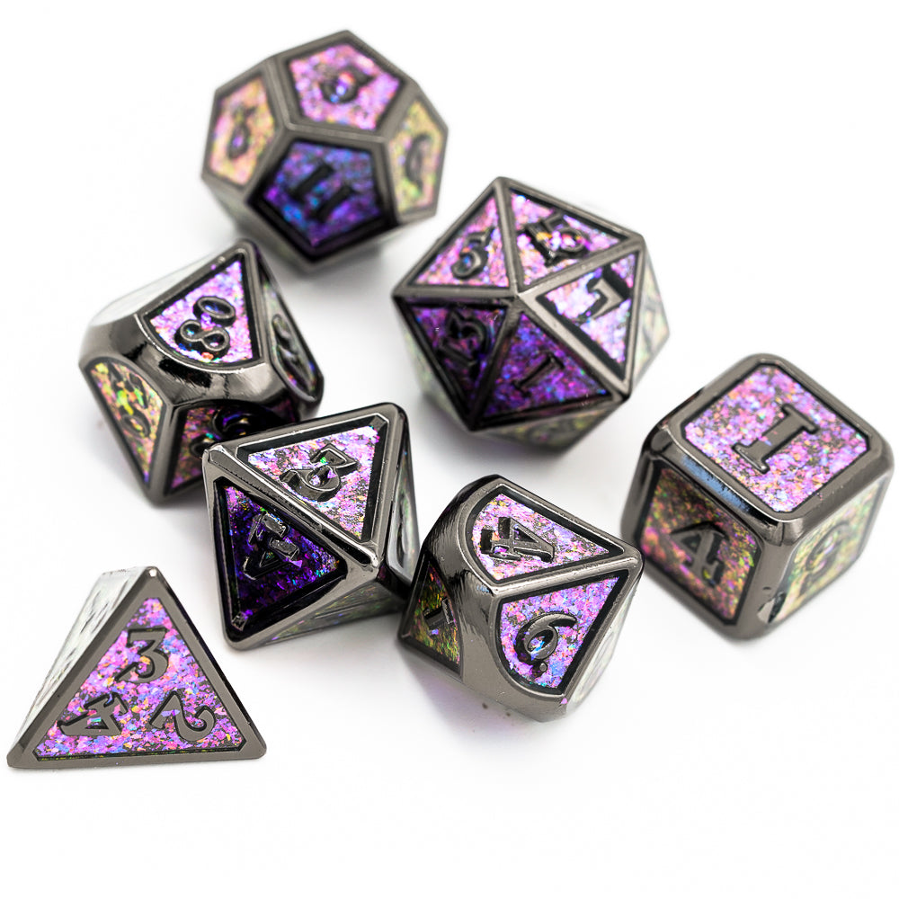 Spread of Mauve Shimmer dice with dark metallic edges and vibrant purple shimmer