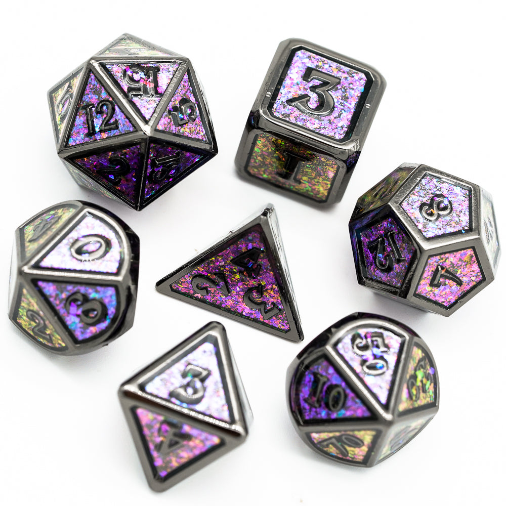 Complete 7-piece Mauve Shimmer metal dice set with black frames and purple glitter interior