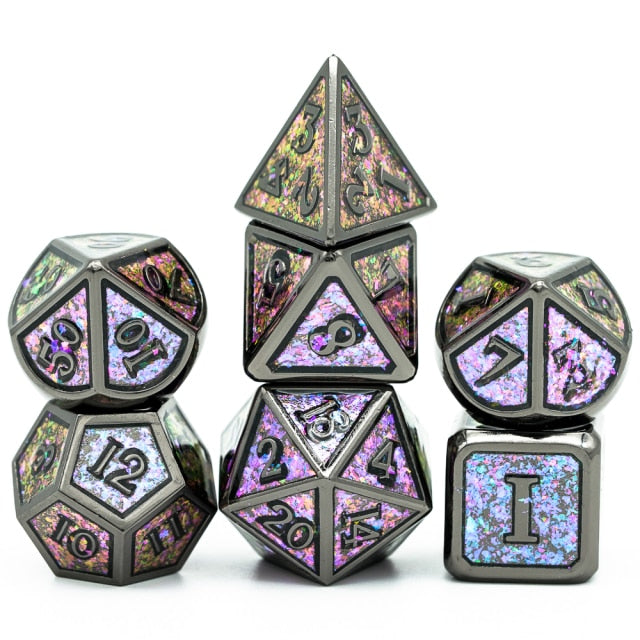 Stacked Mauve Shimmer dice arranged in a tower, showcasing glittering purple metal design