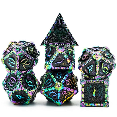 Patrons Dark Orb metal dagger dice set for DnD & TTRPG, front view
