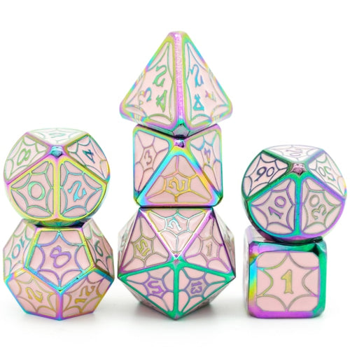 Prism Onyx metal dice stacked to show full set and design details