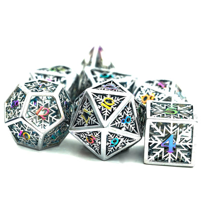 Prismatic snowflake dice set with hollow silver frames and rainbow numbers for RPG and DND