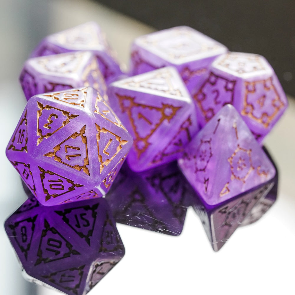 Huge purple dice set with gold numbers