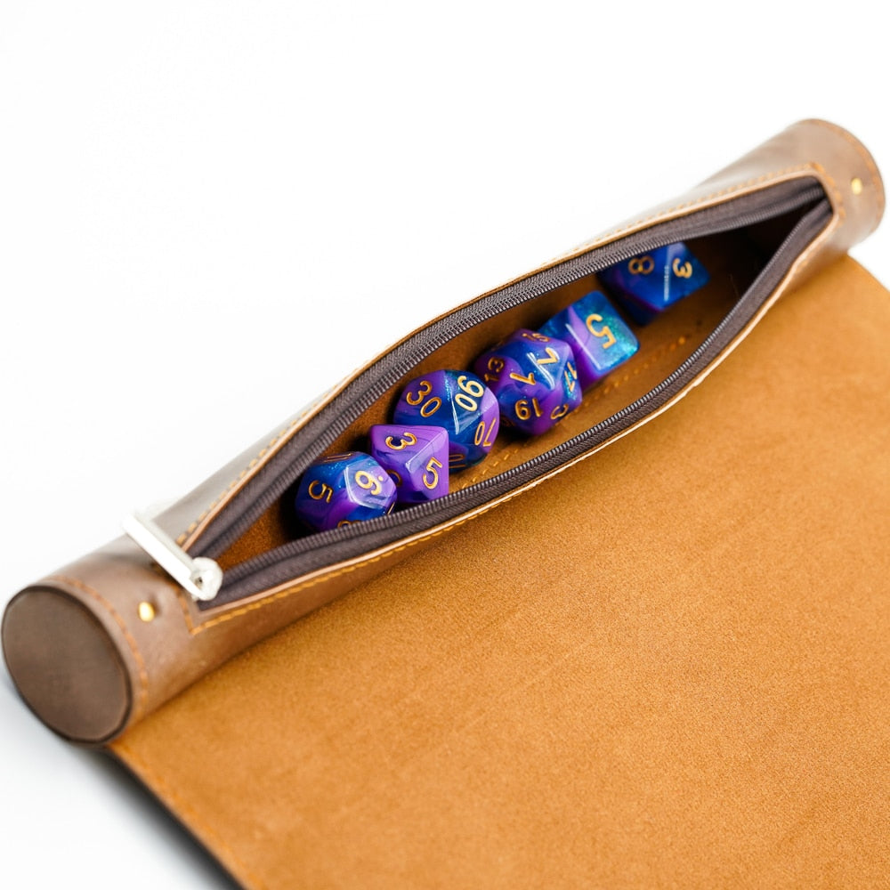 blue and purple dice inside spell scroll dice case