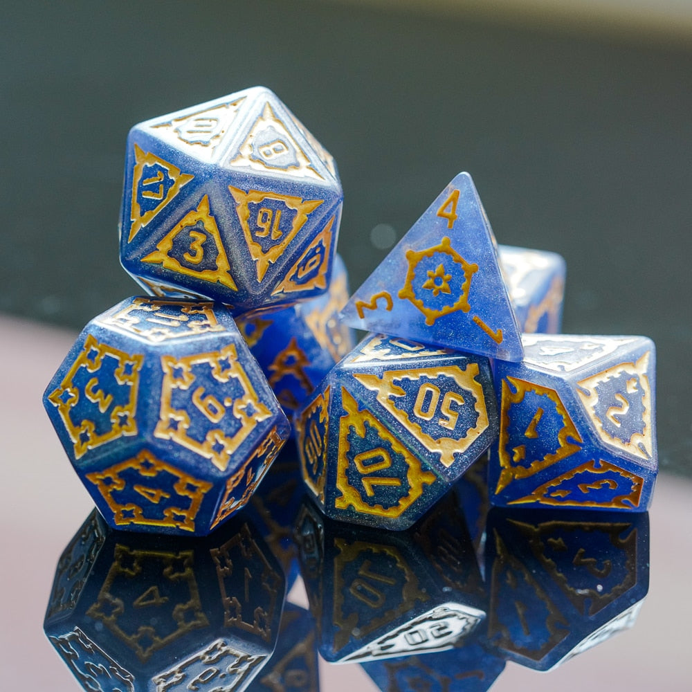 Blue and gold huge dice set stacked for style