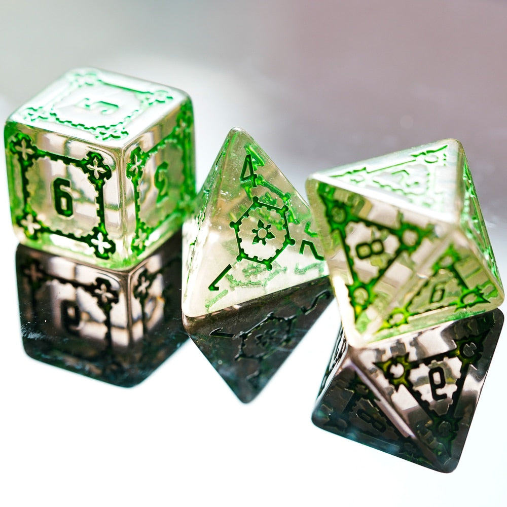 d6, d4 and d8 clear and green huge dice set