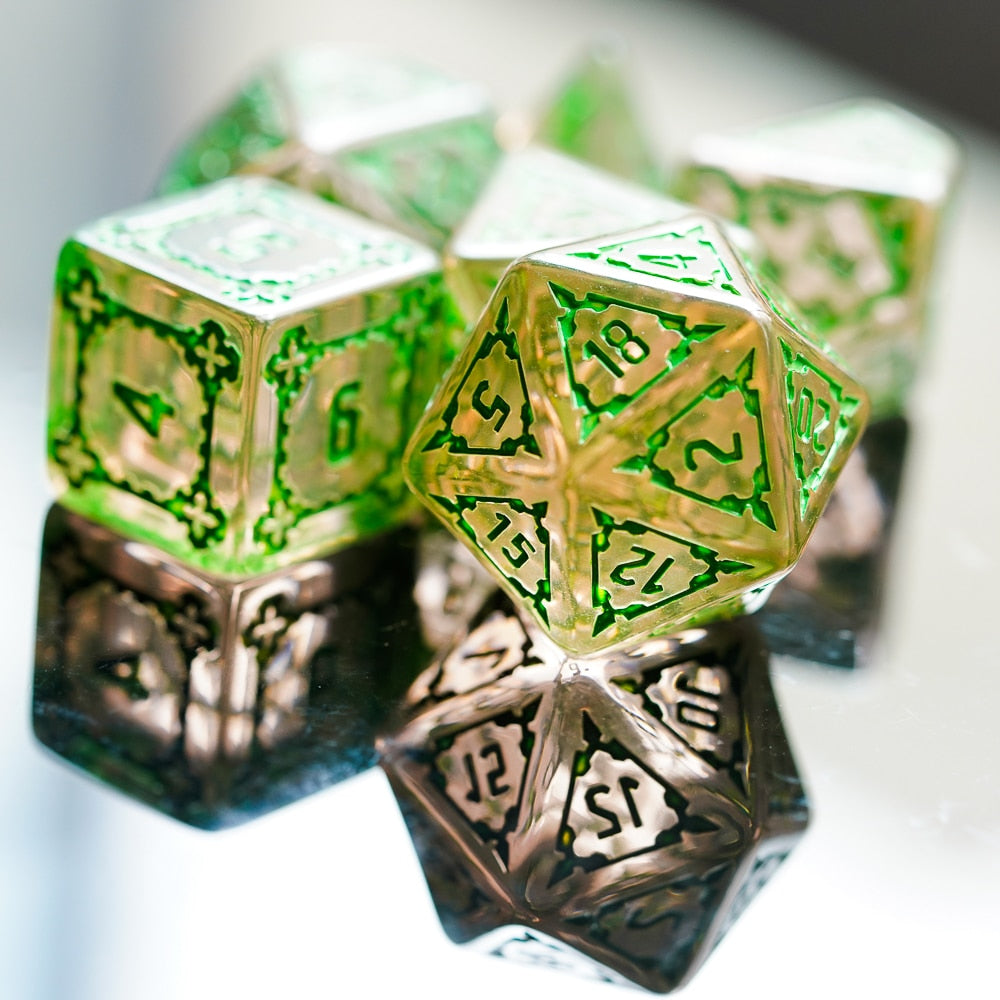 d20 highlighted in front of rest of dice set