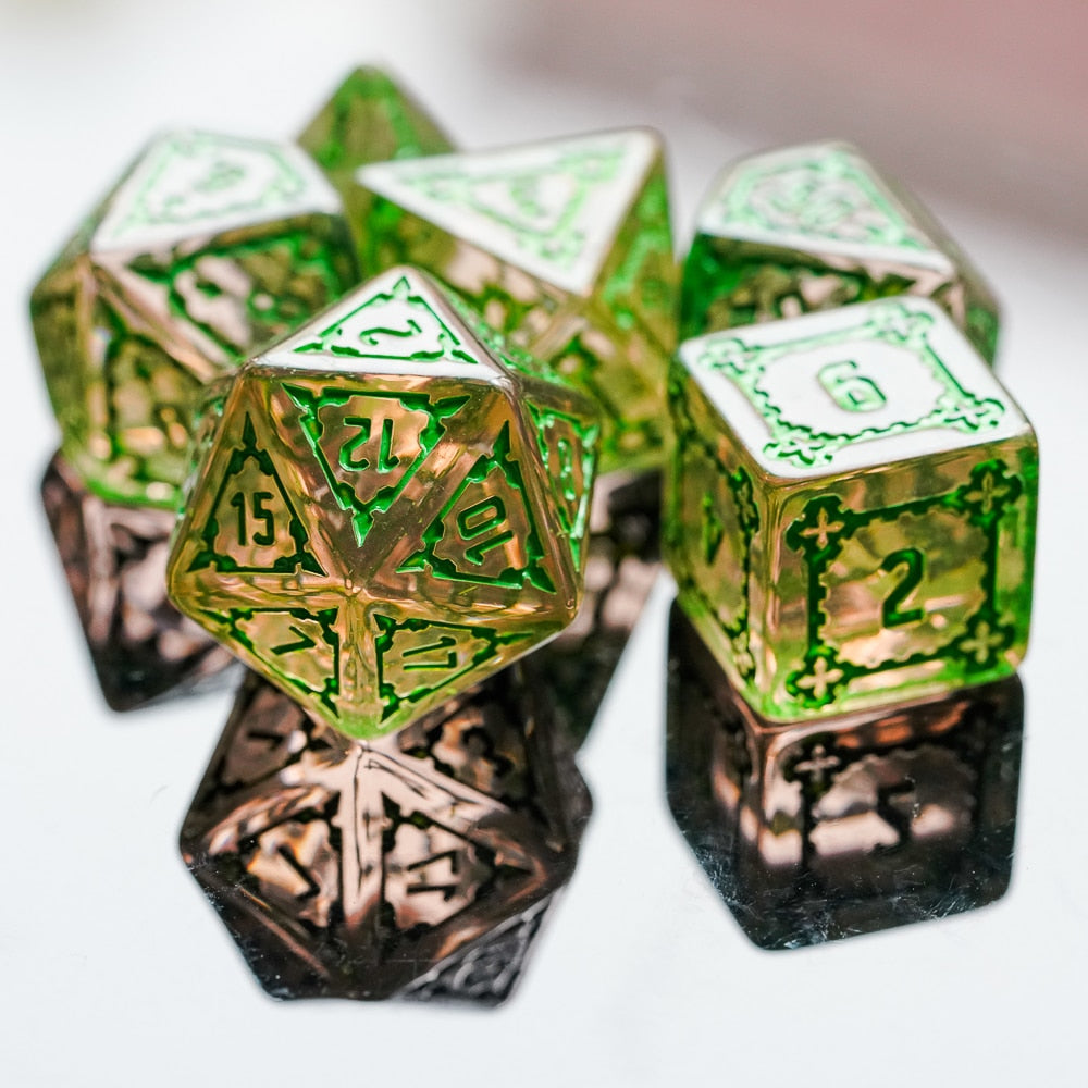 mossy elixir huge dice set on reflective surface