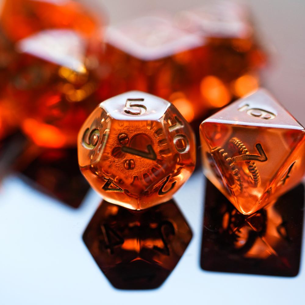 Red orange d12 and 28 gears dice set highlight