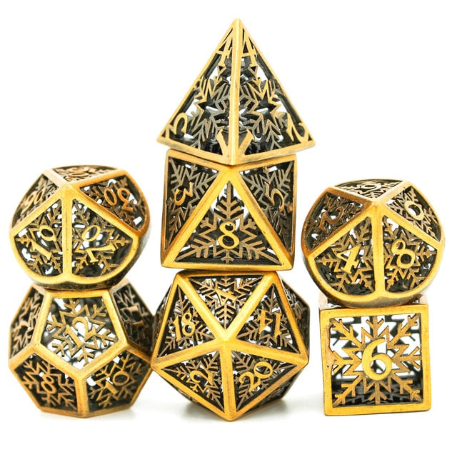 7 piece ancient golden snowflake hollow metal dice set