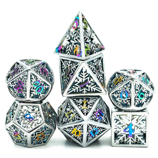 7 piece hollow metal dice set, prismatic silver snowflake
