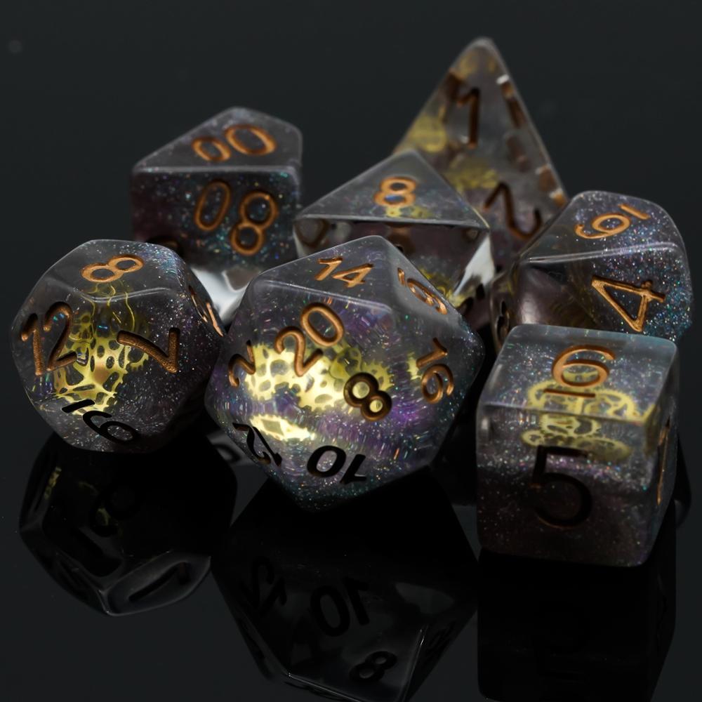 Gold numbers with dark sparkled resin, gears cast inside