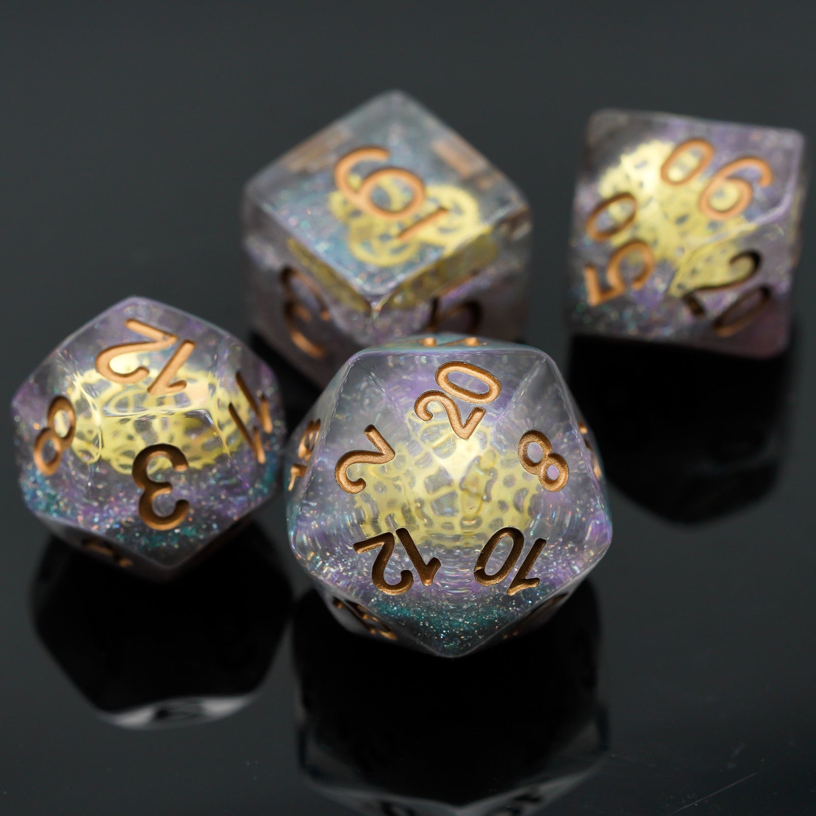 d20 and d12 highlight, dark gold numbers with nebula background