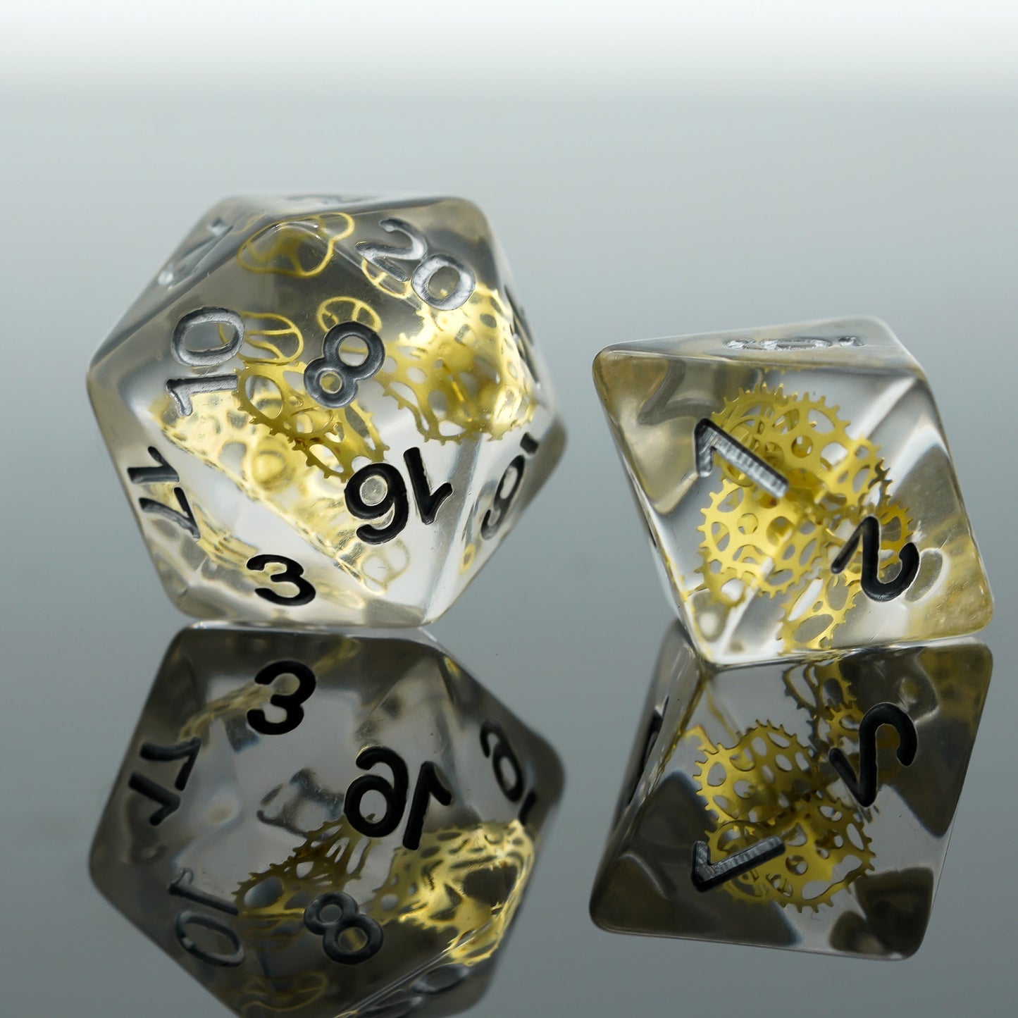d20 and d8 highlight, gold gears and dark numbers android gears dice 