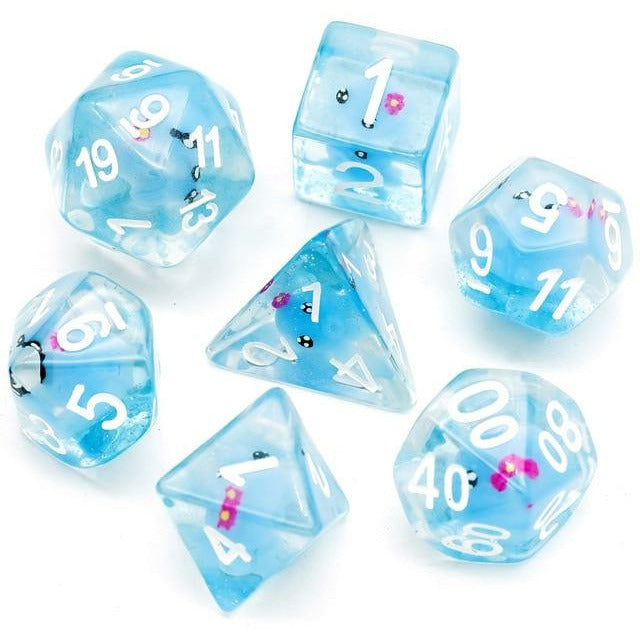 7 piece transparent dice with blue octopi and white numbers
