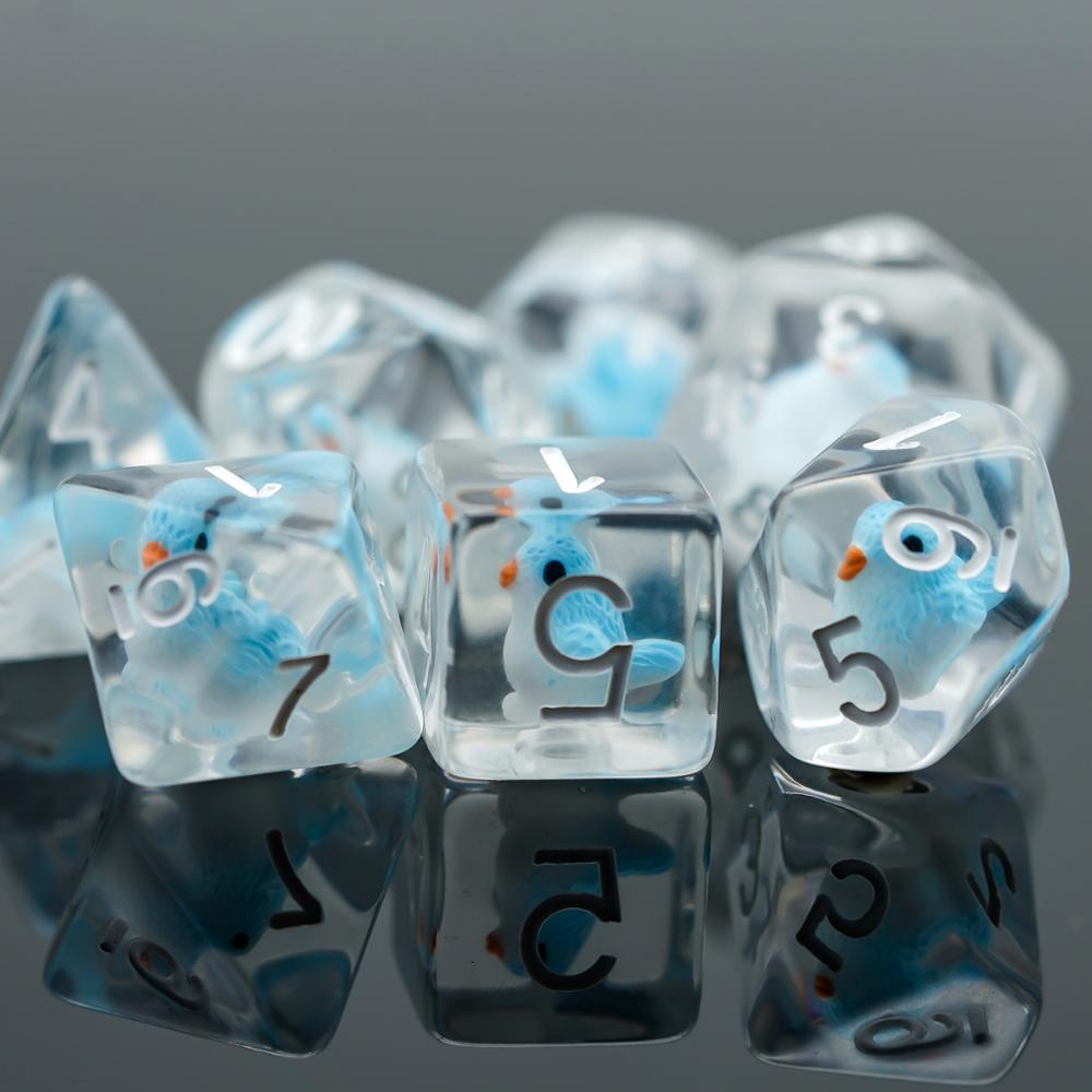 d6, d8 and d10 highlight. Clear plastic with blue birds inside