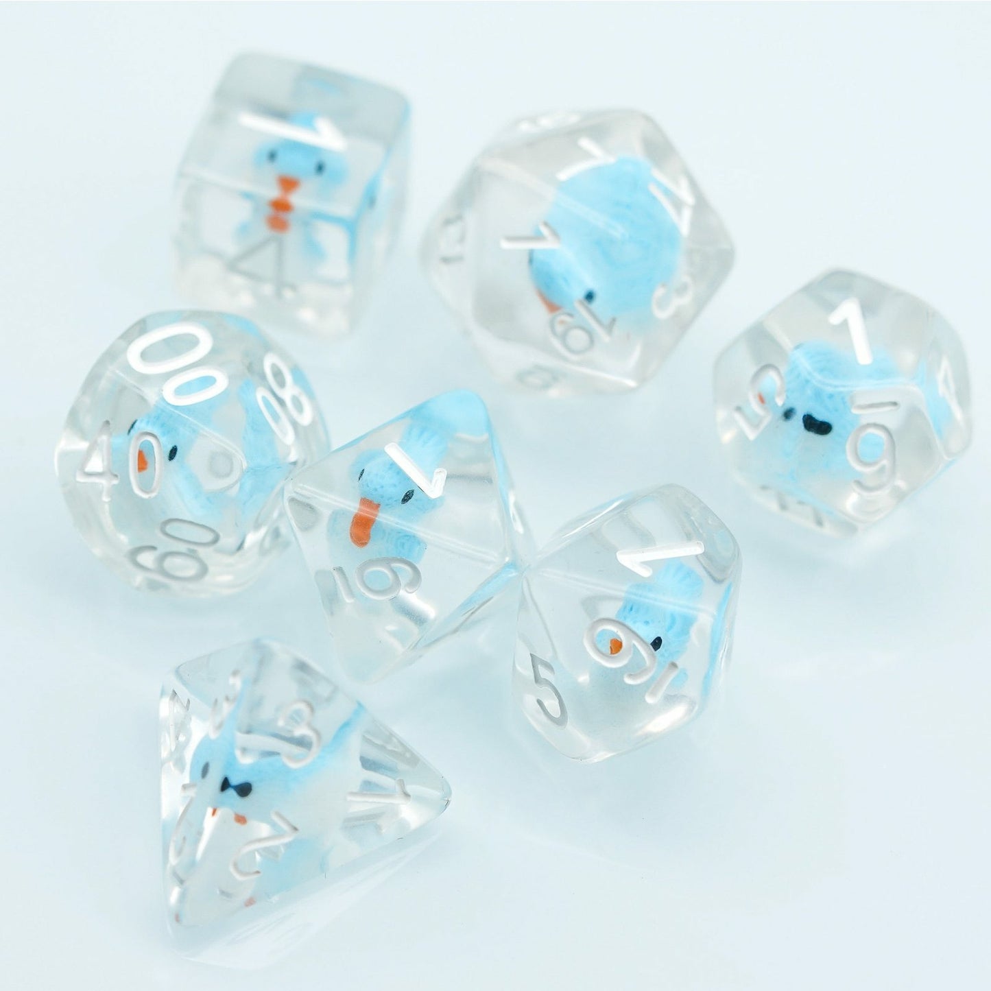 7 piece transparent birdy dice set, blue birds in clear plastic