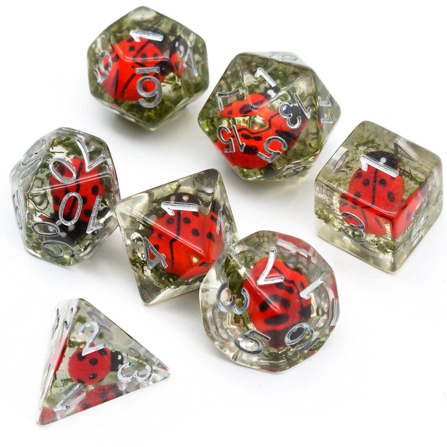 Transparent Ladybug dice set, clear resin with moss and ladybugs inside, white numbers