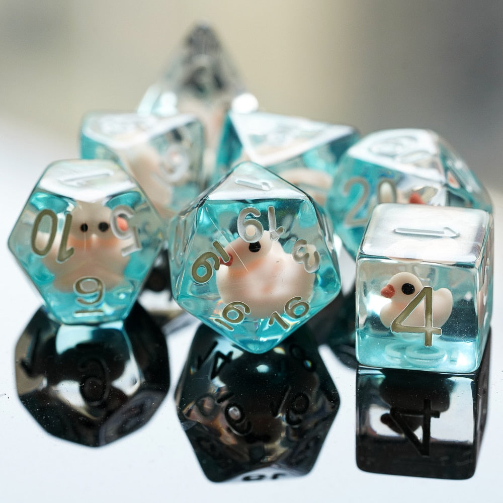 d20, d12 and d6 highlight, transparent ducky dice on mirrored background
