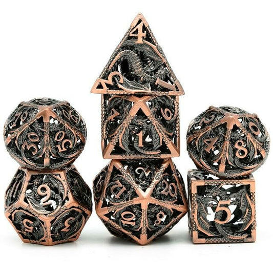 7 piece ancient copper dragon hollow metal dice set