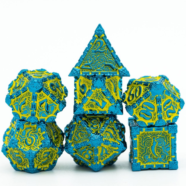 7 piece metal dagger dice set, Slime Lord, green with blue numbers and edges