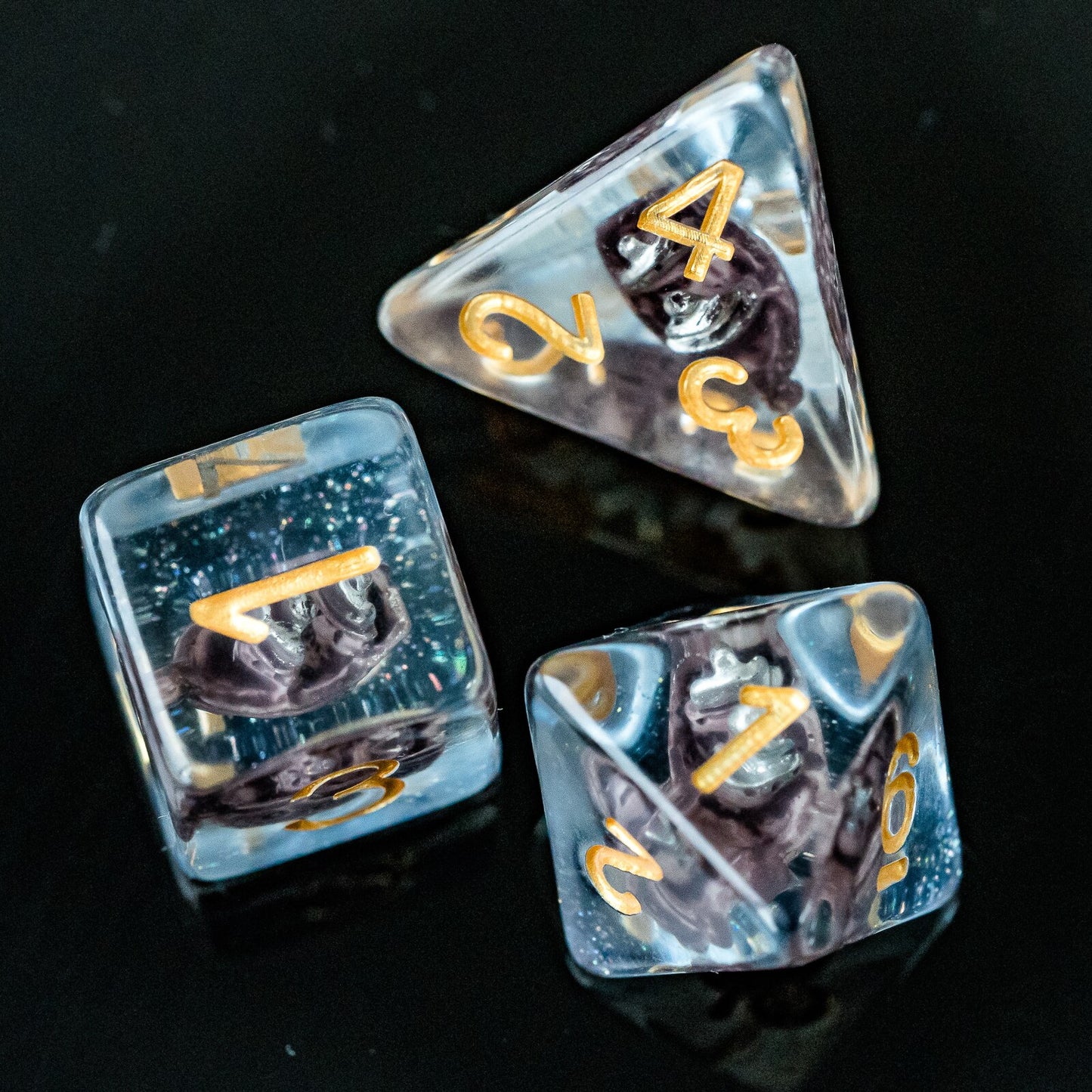 transparent sail boat dice set, yellow numbers on blue/clear resin
