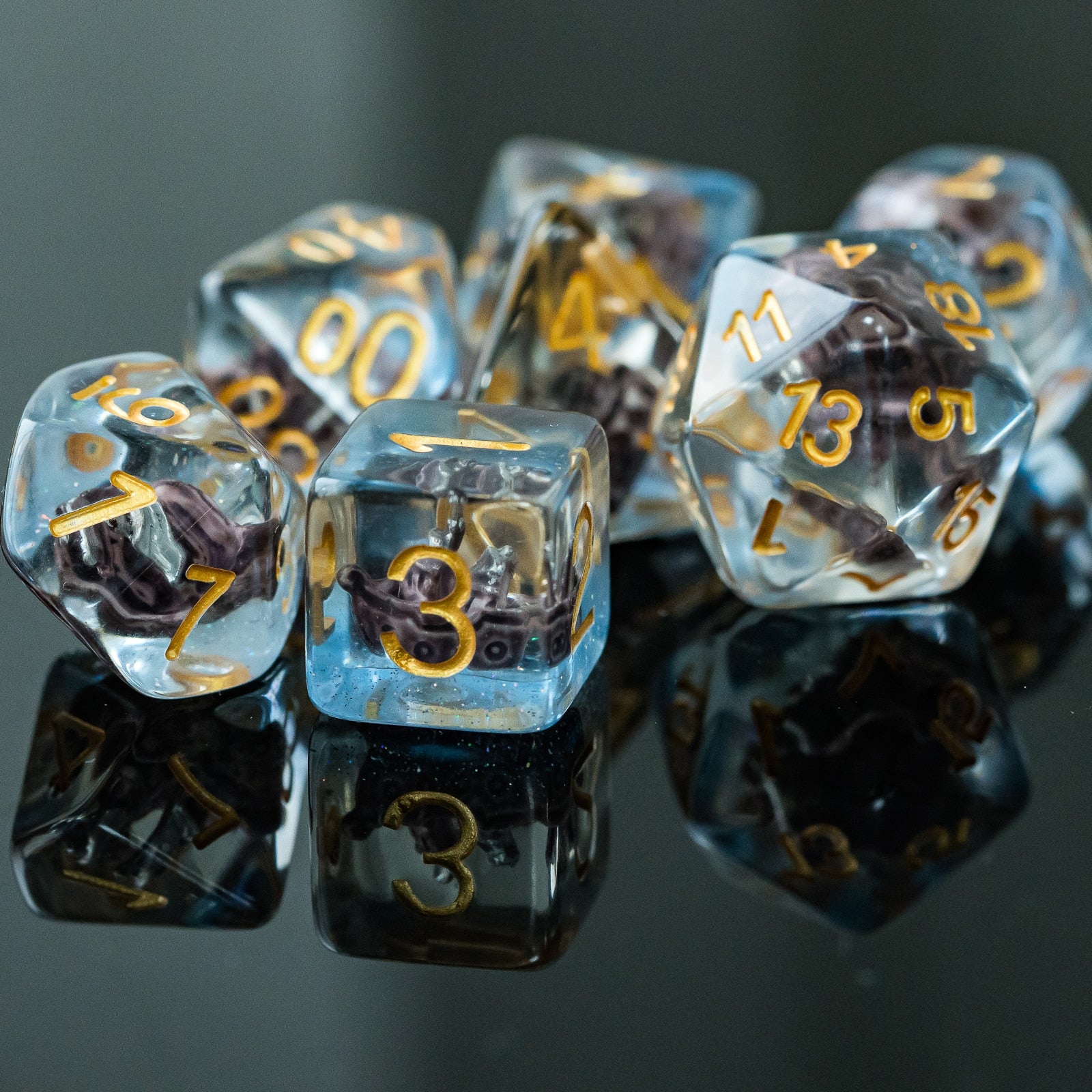 7 piece dice set, mini sailboats in resin, d6 at front