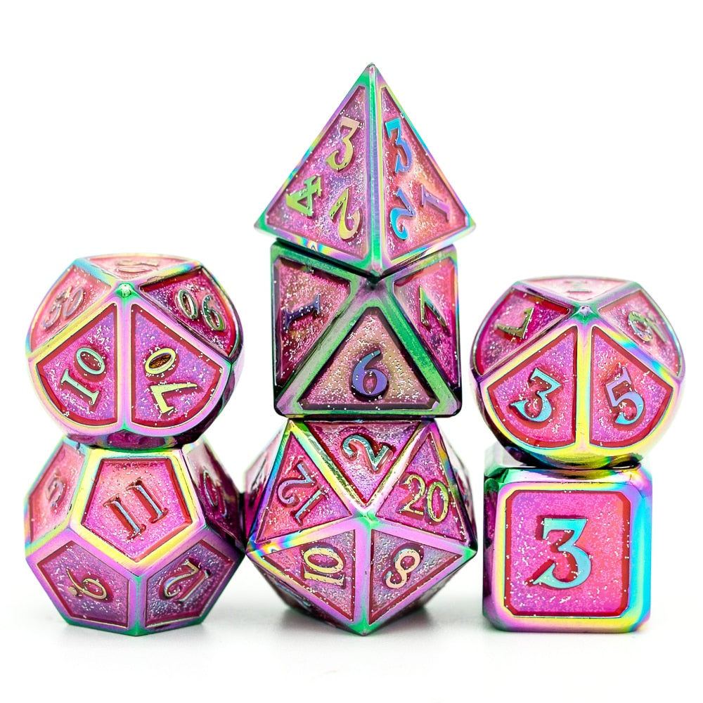 coral illusion metal dice set, pink with rainbow numbers and trim
