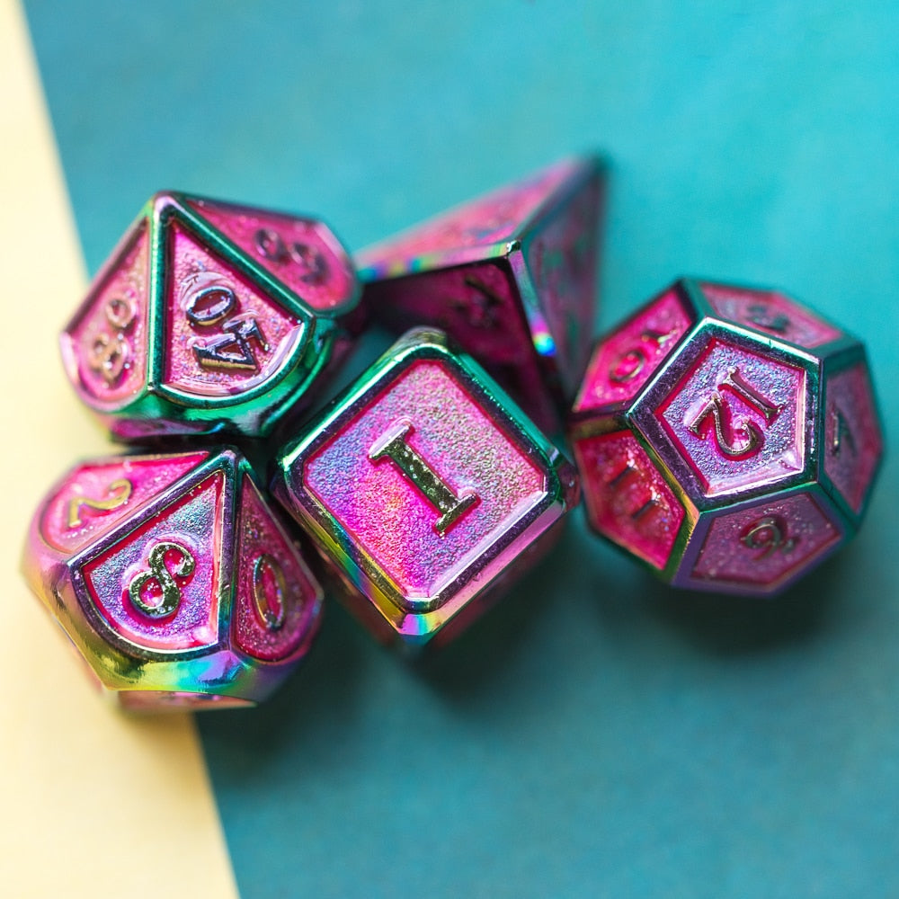 d12, d6, d10, d4 and percentage die highlight, pink metal dice set