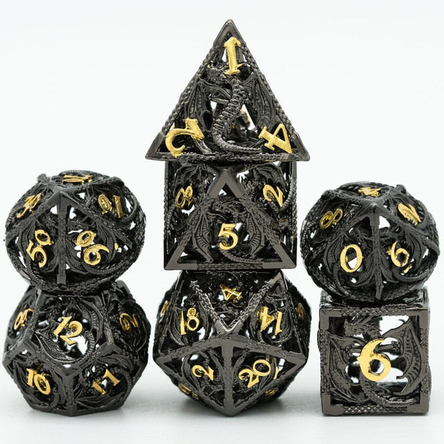 Hollow Metal Dice Set, black metal with gold numbers, stylized dragons between numbers