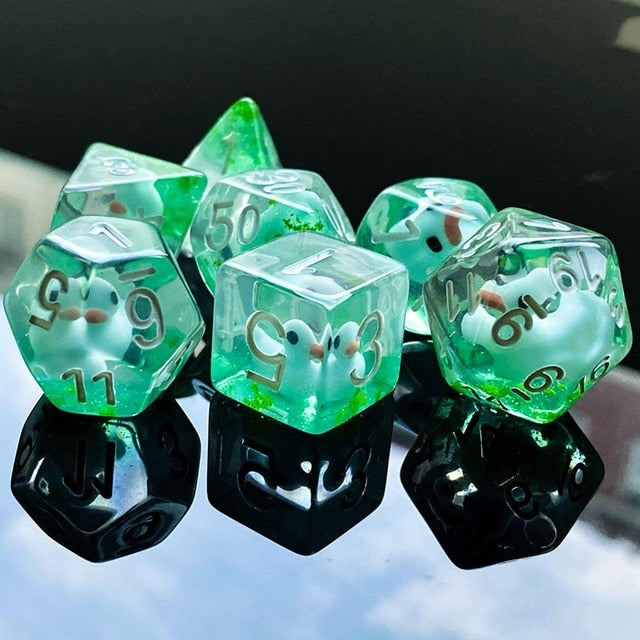 d6, d12 and d20 highlight, green mossy transparent ducky dice on mirrored background