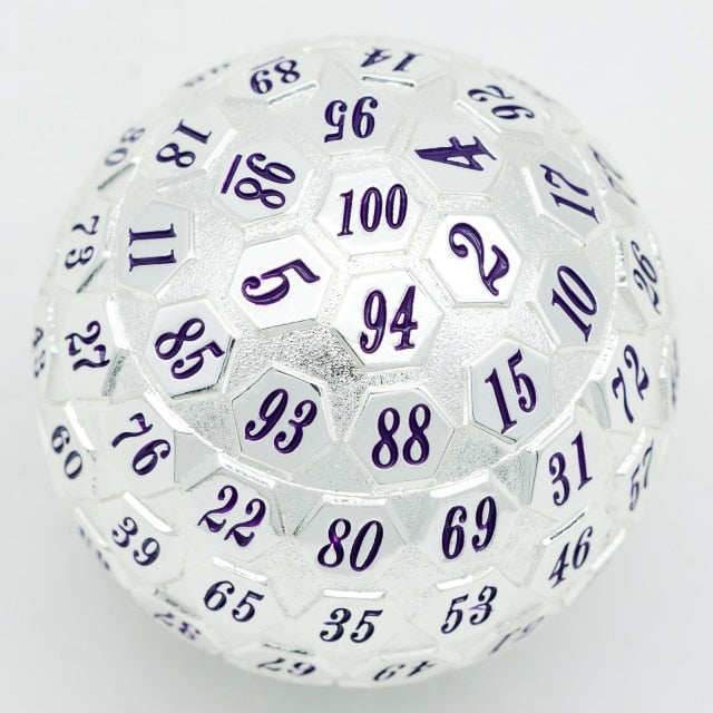 White d100 with purple numbers