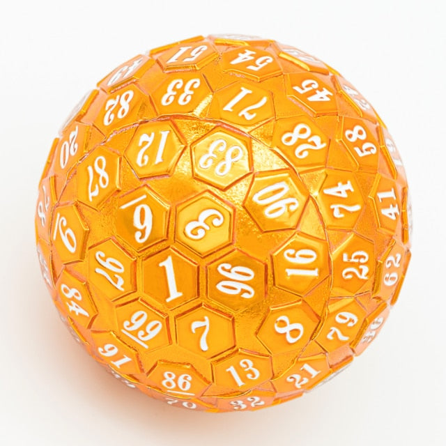 orange d100 with white numbers