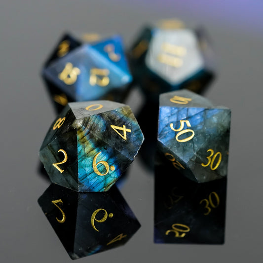 d10 and percentage dice highlight, stone dice labradorite dice set