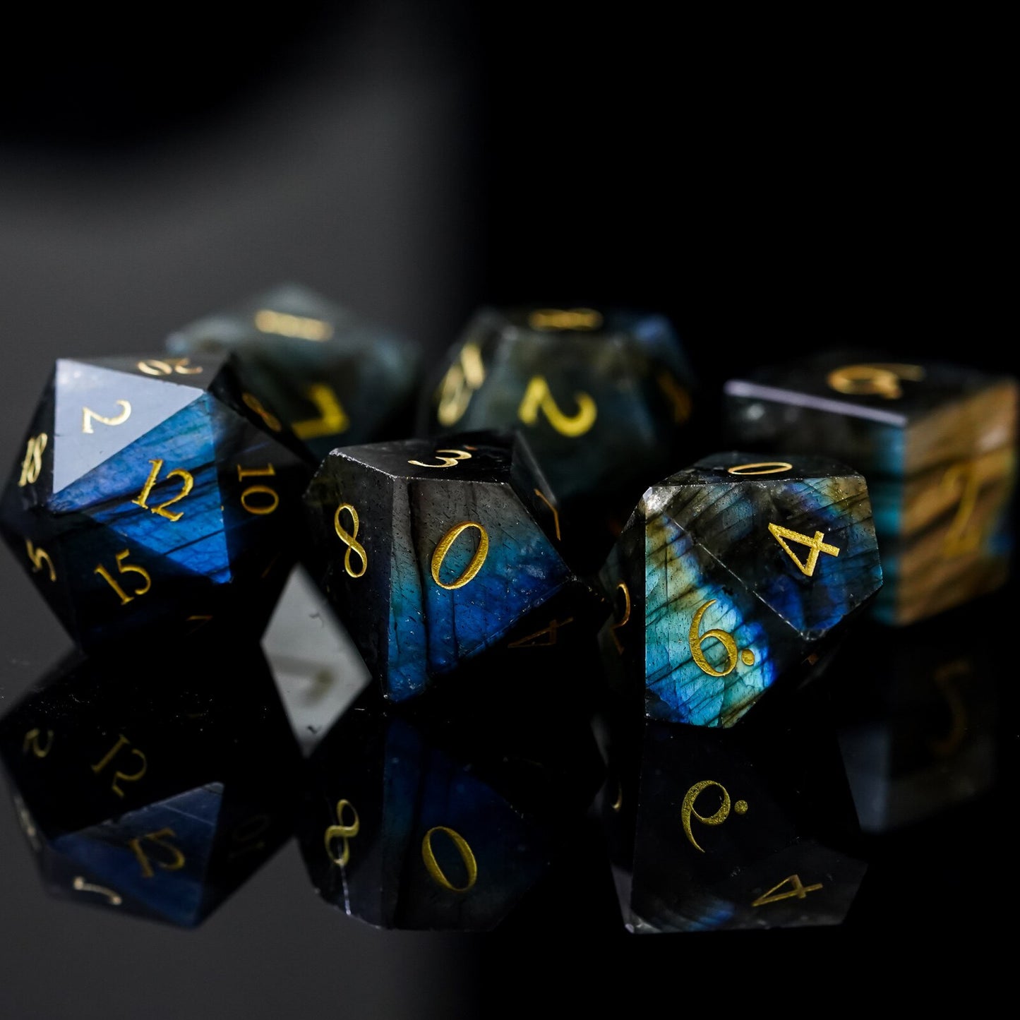 7 piece stone dice set, labradorite dark blue and black with gold numbering