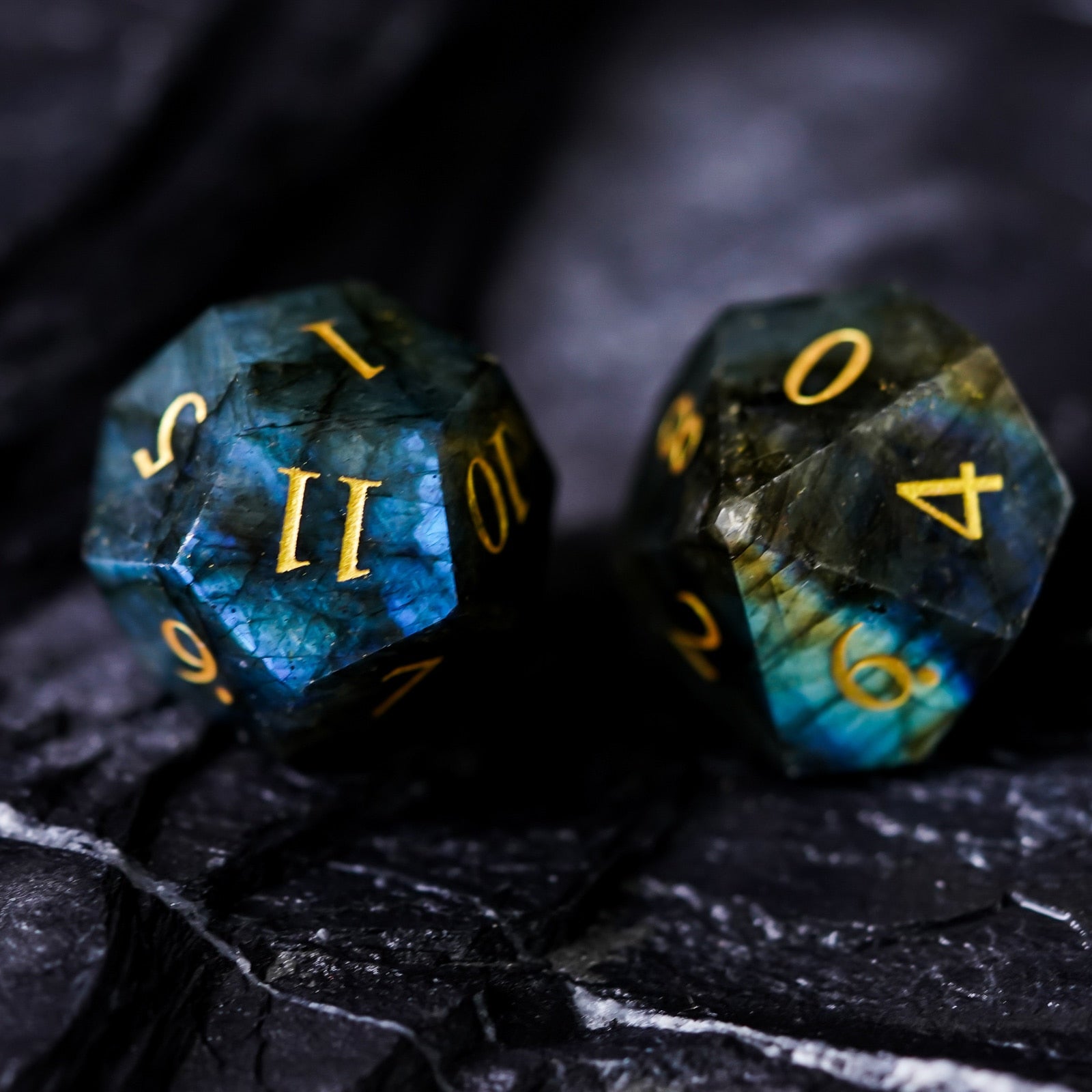 d12 and d10 highlight, dark blues with gold numbers