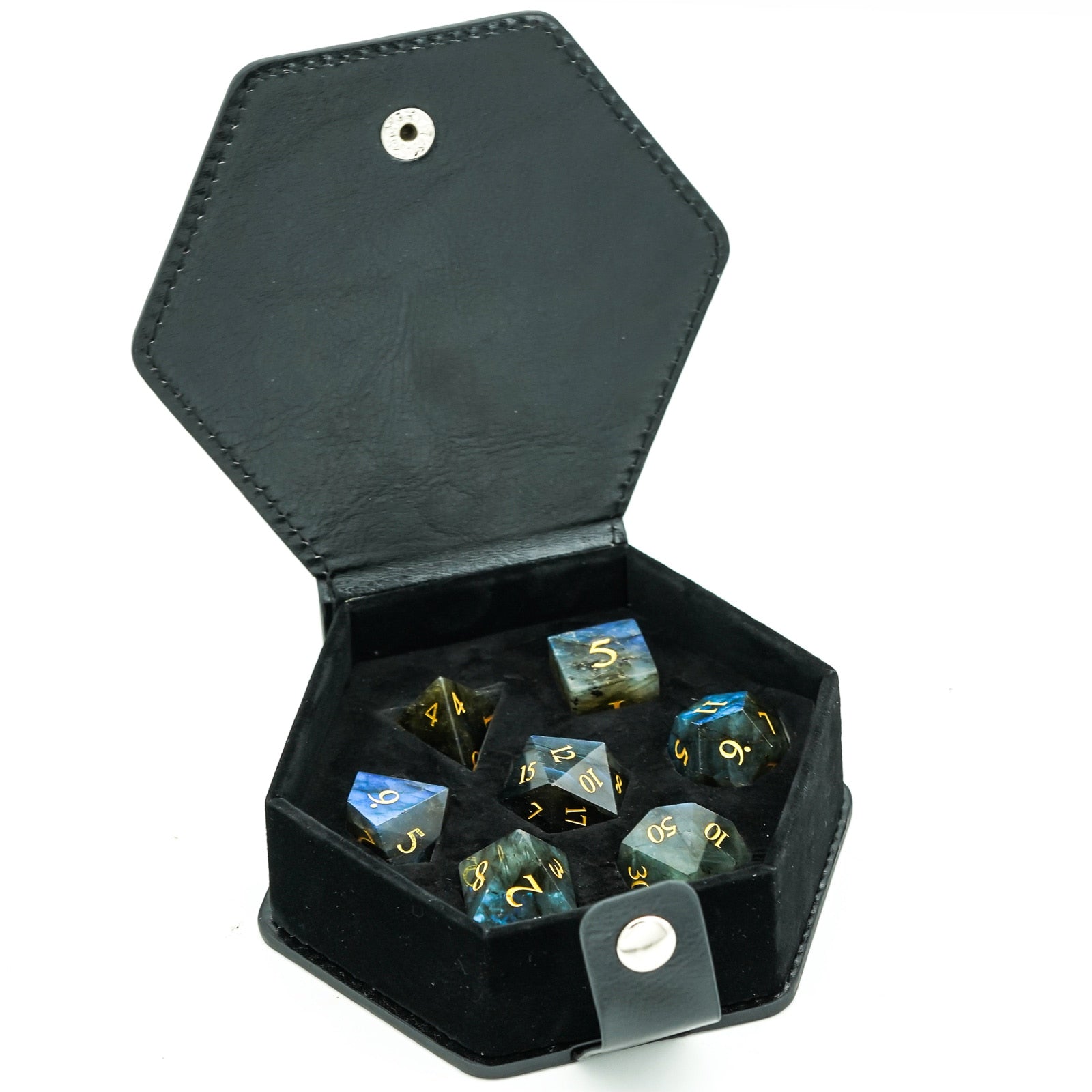 labradorite essence stone dice set in carrying case
