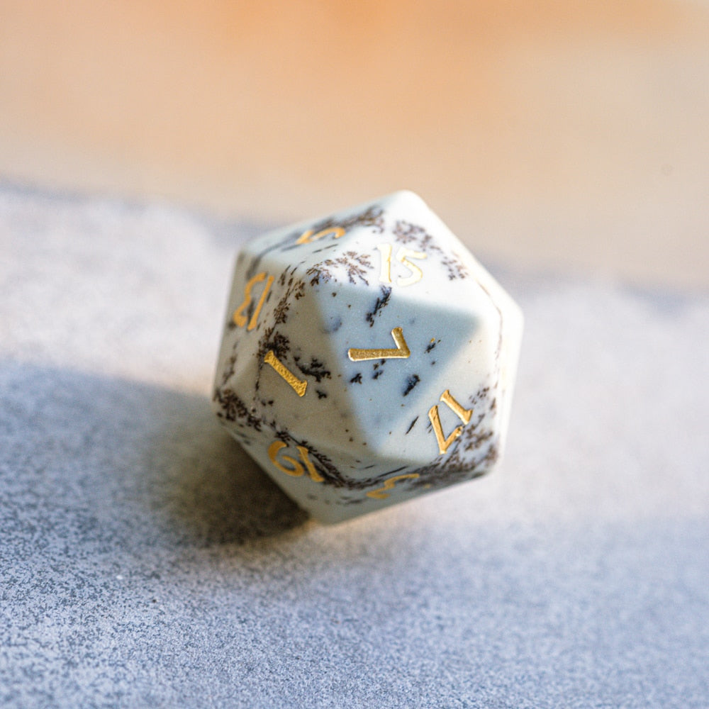 d20 stone dice, birch tree color and pattern