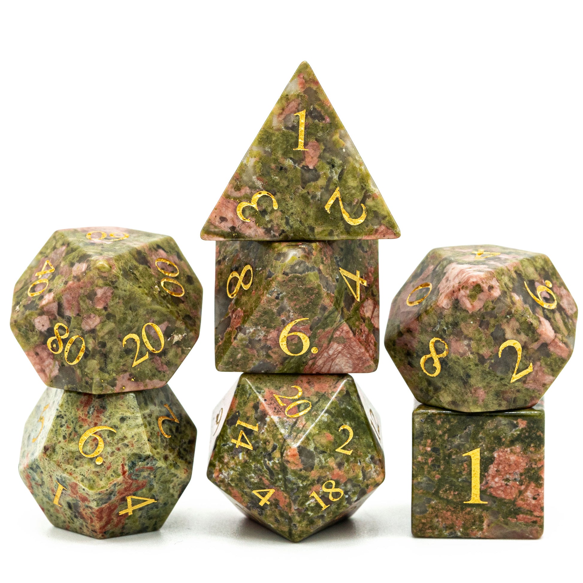 7 piece stone dice set, unakite paste, pink and green with gold numbers
