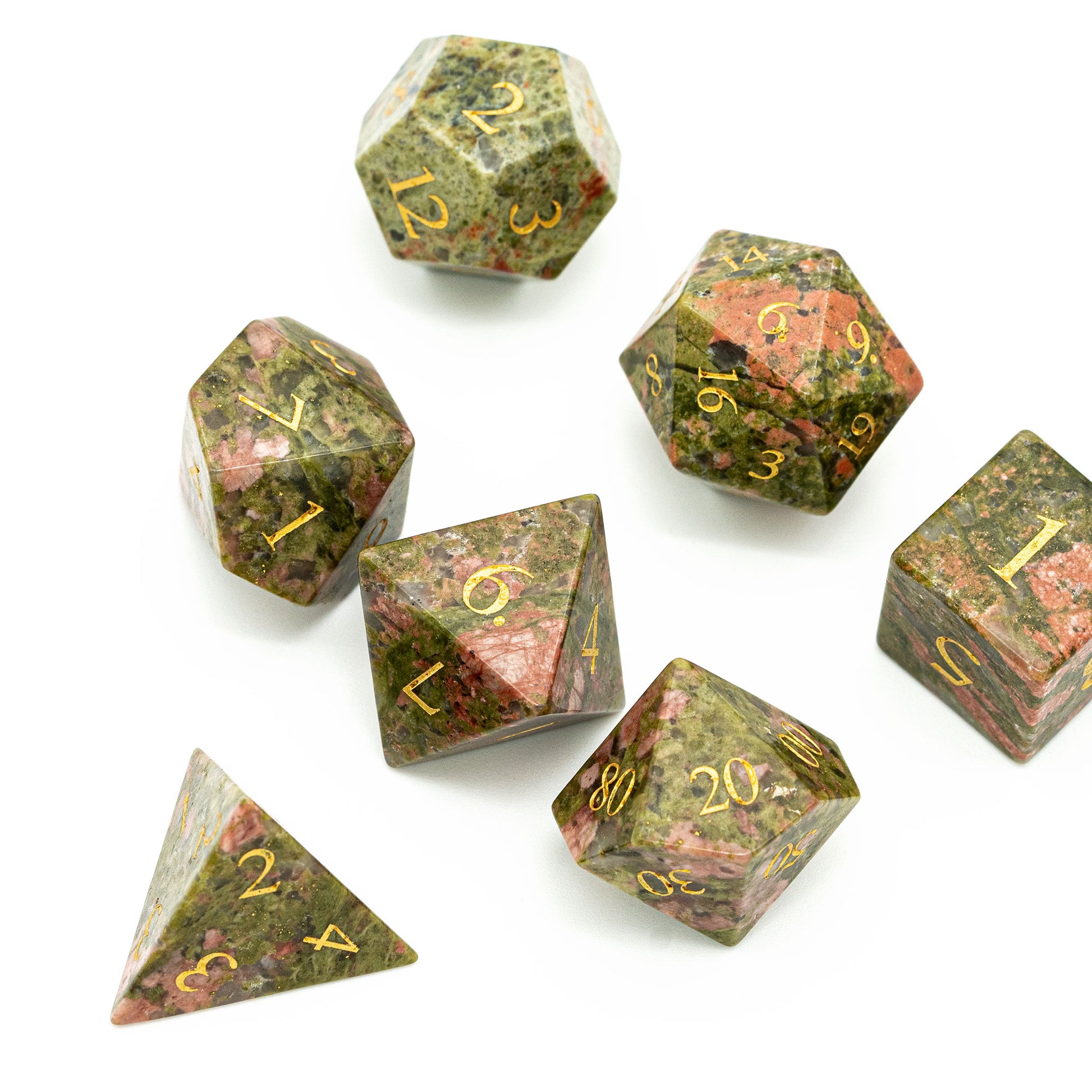 Unakite Paste stone dice set laid out in pyramid