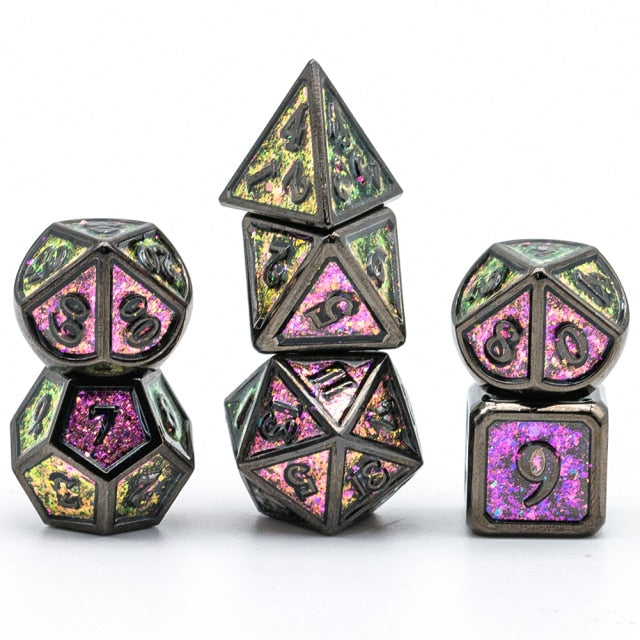 Orchard Shimmer metal dice set, purple and green with dark trim and numbers