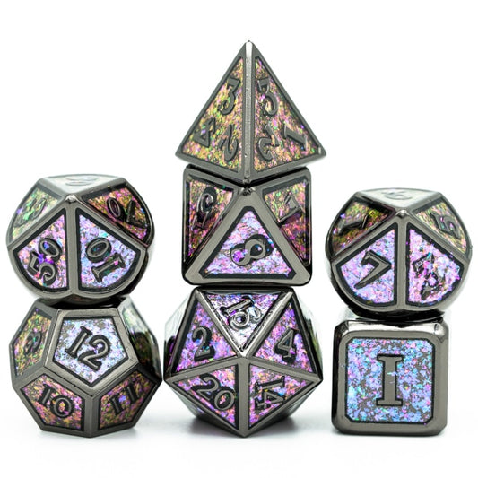 Mauve Shimmer 7 piece dice set, purple and blue with dark numbers and trim