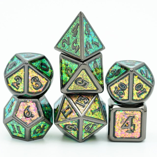 Viridian Shimmer metal dice set, 7 piece green dice with pink undertones and dark numbers and trim